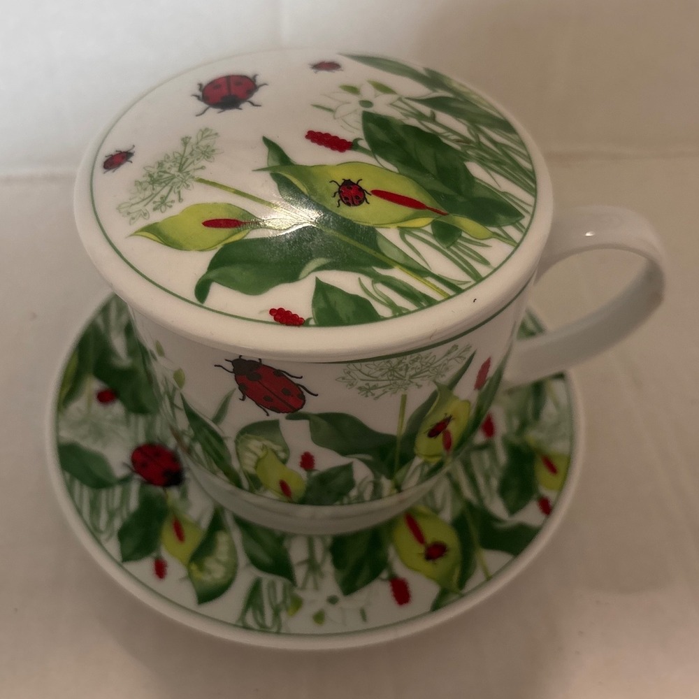 Cha Cult Fine Porcelain Tea Cup Saucer Lid Ladybug Calla Lily Design Set